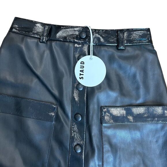Revolve STAUD Paper Faux Leather Black Button Front Mini Skirt Size 2 - Picture 5 of 9